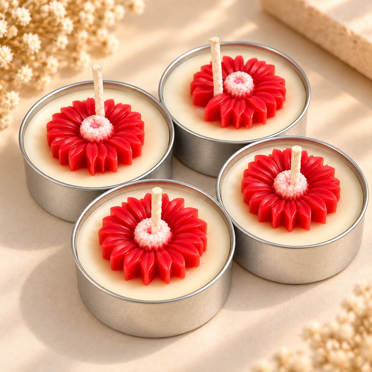 Red Flower Tealight Candles – Pack of 4
